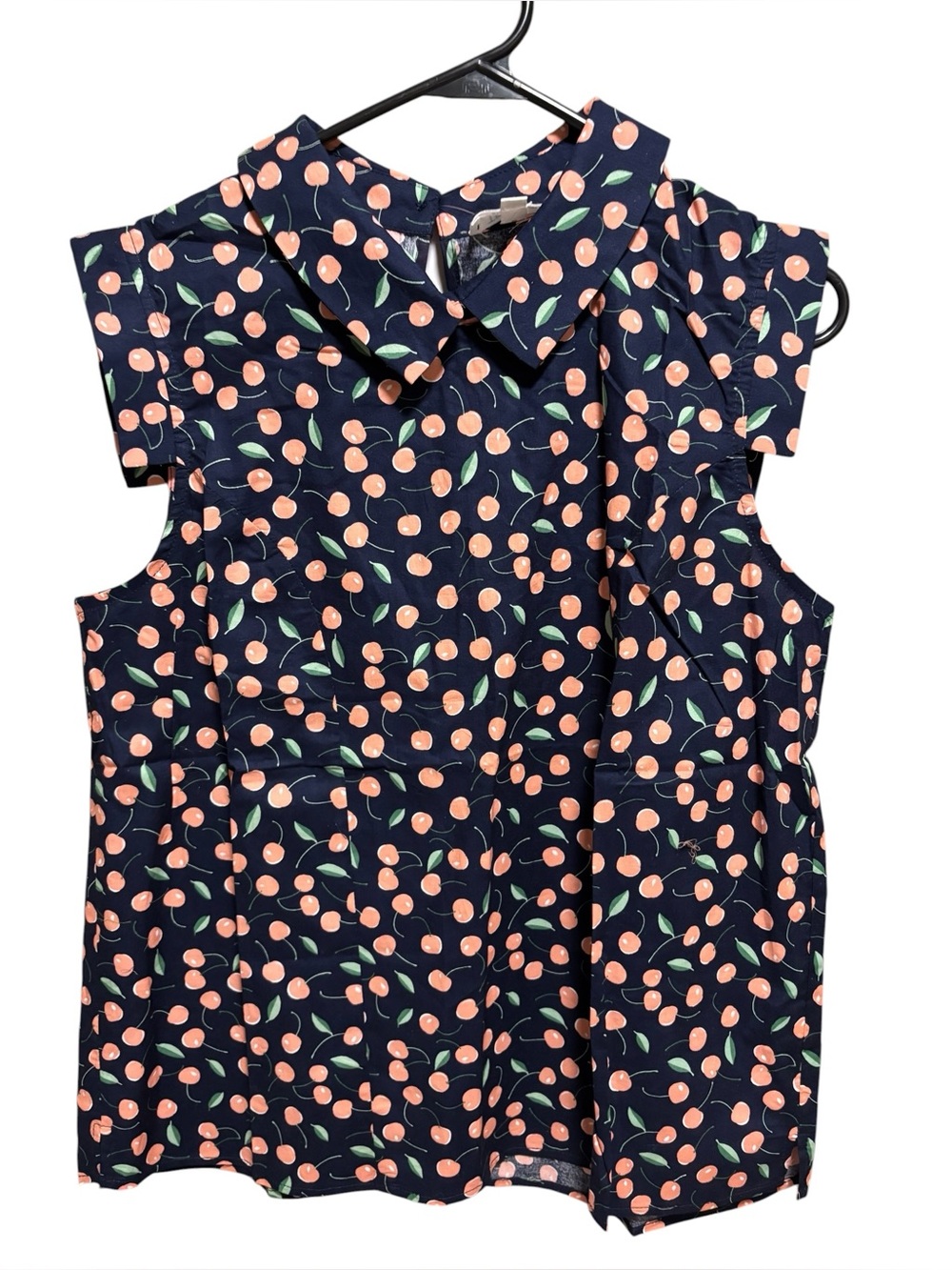 NWT Sleeveless Navy Red Cherry-Print Button Front Blouse Cap Sleeves 100% Cotton - Picture 3 of 8
